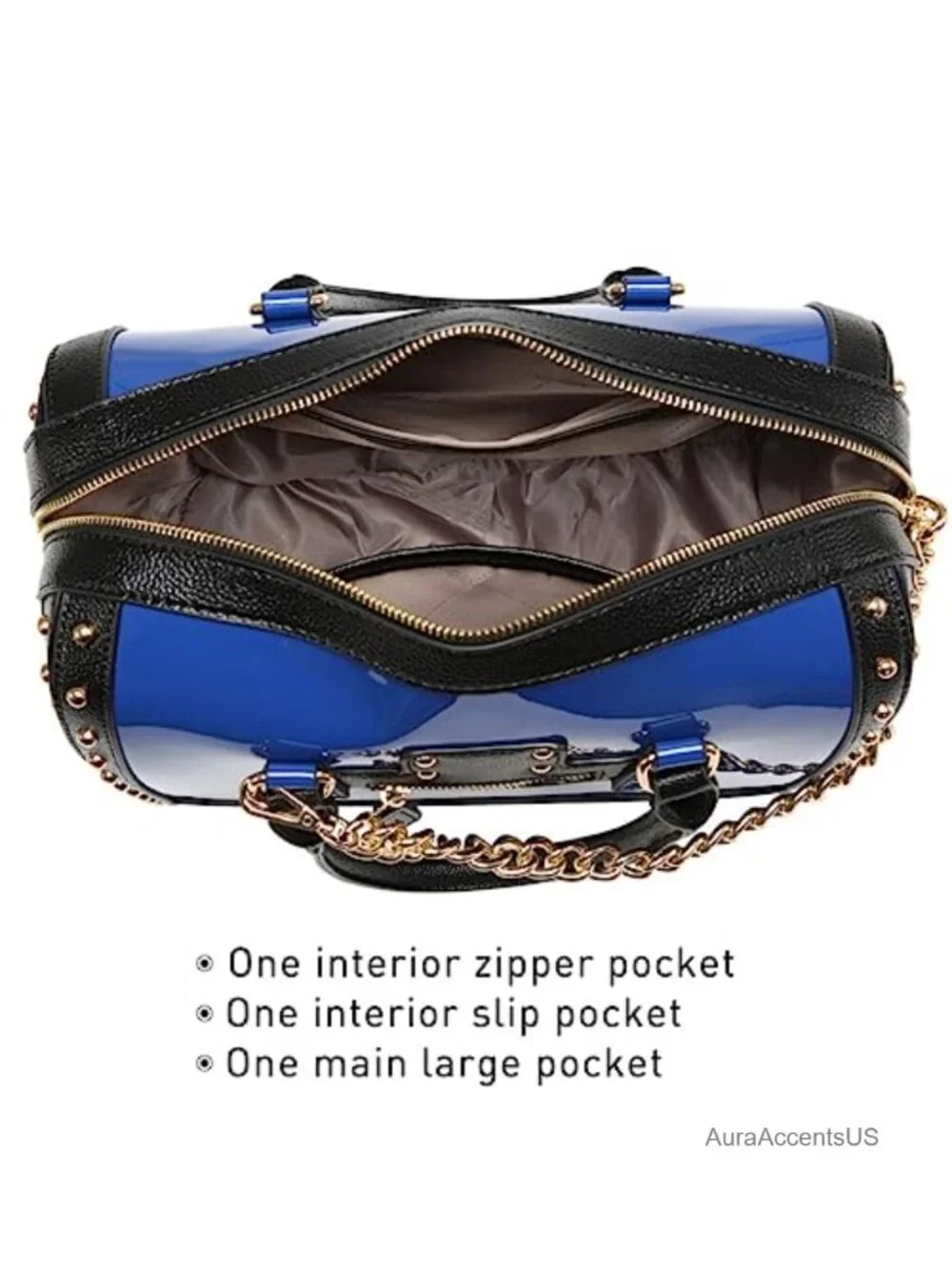 Women's Shiny Patent Faux Leather Barrel Satchel Handbag Rivet Decor Top Handle